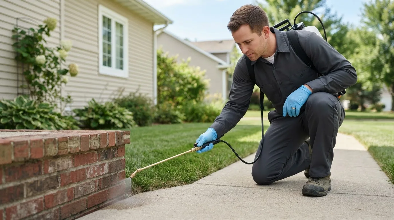 Pest control technician treating a home near Evant, TX