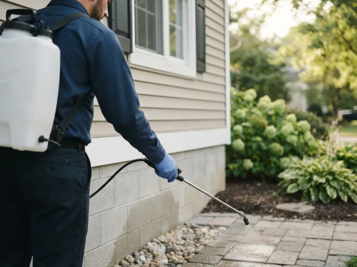 Pest control technician inspecting a home in Evant, TX